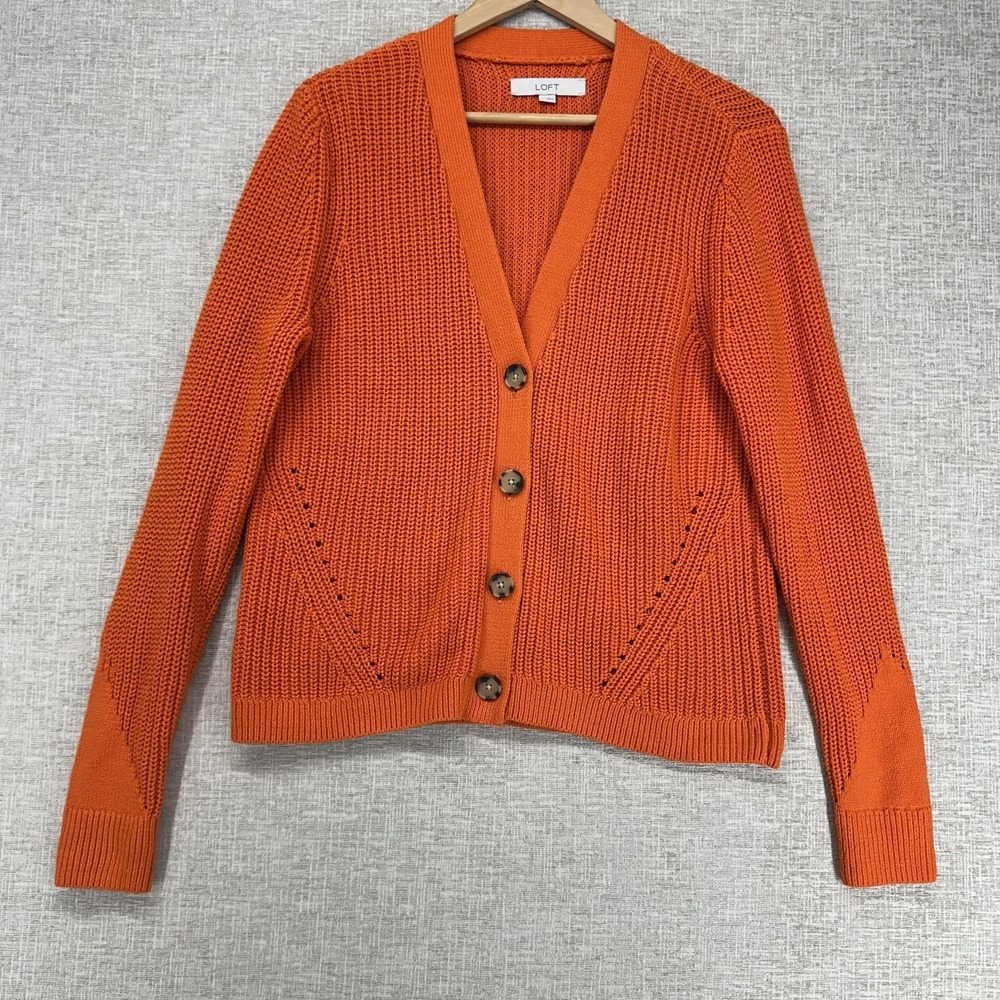 LOFT Sweater Cardigan Womens‎ L Orange V Neck Button Chunky Knit Long Sleeve